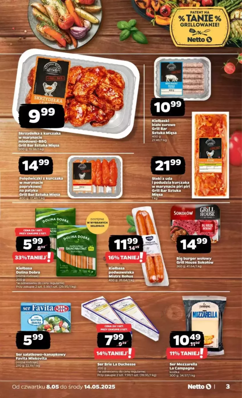 Gazetka promocyjna Netto - ważna 08.05 do 14.05.2025 - strona 21 - produkty: Brie, Burger, Danio, Fa, Gra, Grill, Kiełbasa, Kurczak, Mozzarella, Sałat, Ser, Ser sałatkowo-kanapkowy, Sok, Sokołów, Stek, Wawel