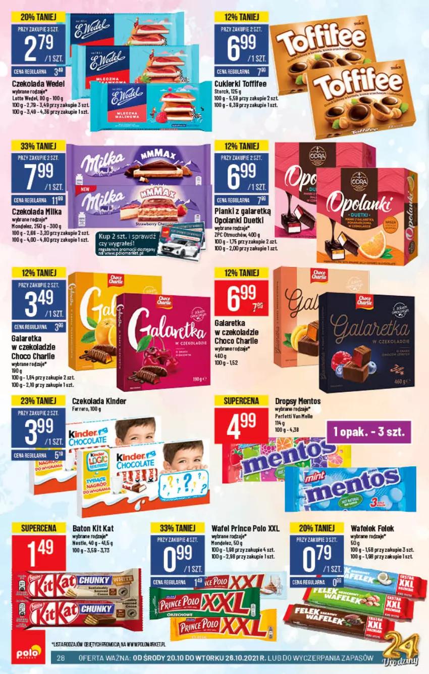 Gazetka promocyjna PoloMarket - Gazetka pomocyjna - ważna 20.10 do 26.10.2021 - strona 28 - produkty: Baton, Cukier, Cukierki, Czekolada, Ferrero, Gala, Galaretka, Kinder, Lanki, Mentos, Milka, Prince Polo, Toffifee, Wafelek