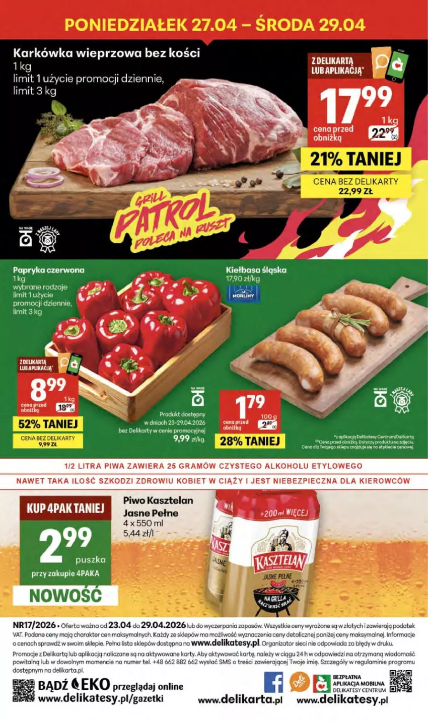 Gazetka promocyjna Delikatesy Centrum - Franczyza DC17 Czwartek - ważna 23.04 do 29.04.2026 - strona 40 - produkty: Fa, Gra, Karkówka wieprzowa, Kasztelan, Kiełbasa, Kiełbasa śląska, Koc, Papryka, Papryka czerwona, Piec, Piwa, Piwo, Rum