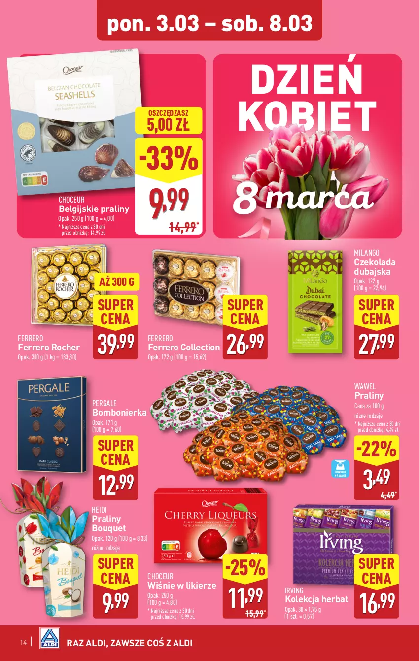 Gazetka promocyjna Aldi - Pełna oferta - ważna 03.03 do 08.03.2025 - strona 14 - produkty: Czekolada, Ferrero, Ferrero Rocher, Irving, LG, Likier, Praliny, Wawel