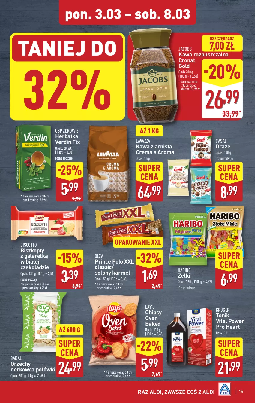 Gazetka promocyjna Aldi - Pełna oferta - ważna 03.03 do 08.03.2025 - strona 15 - produkty: Biszkopty, Chipsy, Gala, Haribo, Jacobs, Kawa, Kawa rozpuszczalna, Kawa ziarnista, Lavazza, Prince Polo, Tonik, Zdrowie