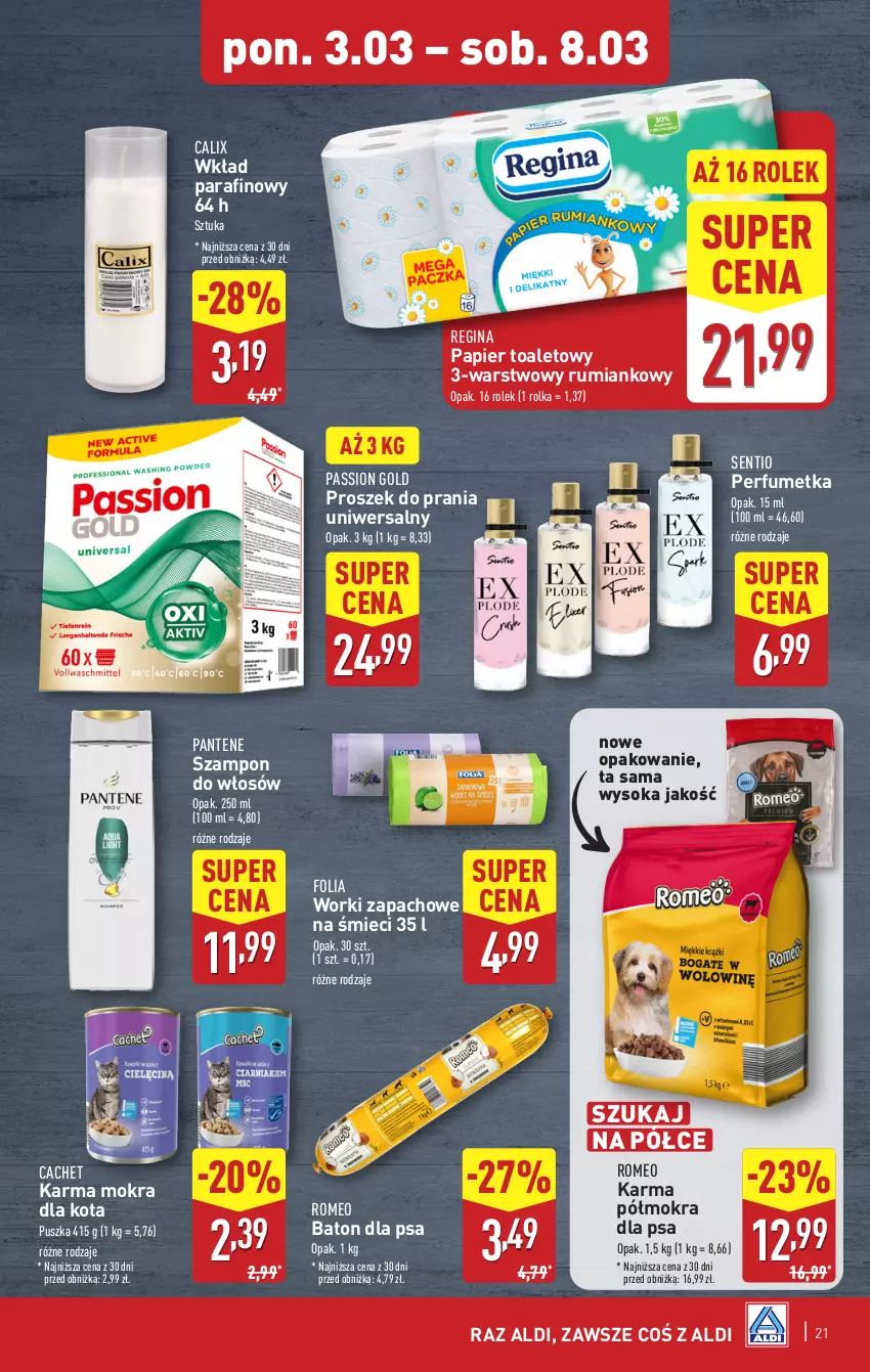 Gazetka promocyjna Aldi - Pełna oferta - ważna 03.03 do 08.03.2025 - strona 21 - produkty: Baton, Baton dla psa, Gin, Pantene, Papier, Papier toaletowy, Perfum, Proszek do prania, Rum, Sok, Szampon