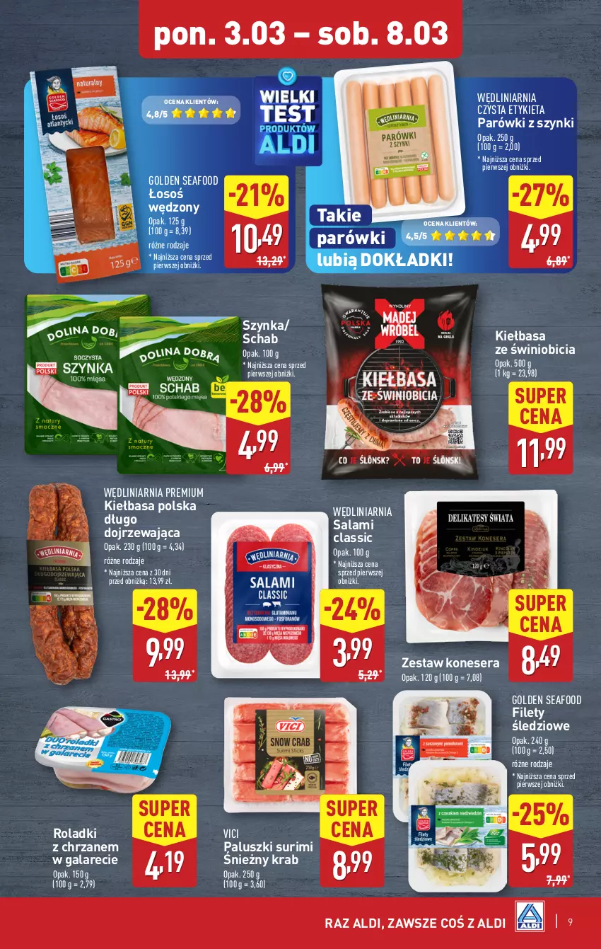 Gazetka promocyjna Aldi - Pełna oferta - ważna 03.03 do 08.03.2025 - strona 9 - produkty: BIC, Chrzan, Gala, Golden Seafood, Kiełbasa, Parówki, Parówki z szynki, Salami, Ser, Surimi, Szynka