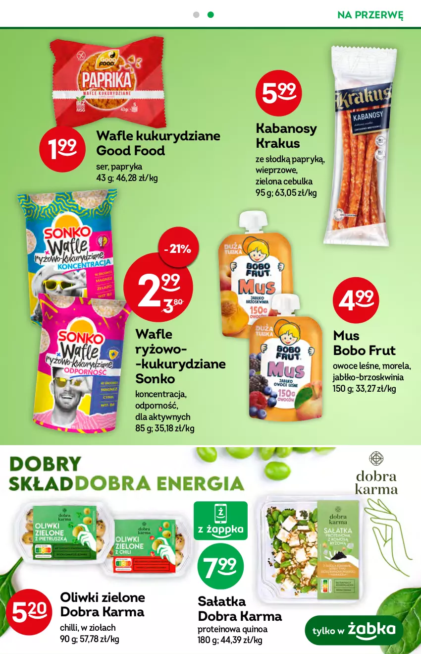 Gazetka promocyjna Żabka - ważna 24.08 do 30.08.2022 - strona 36 - produkty: Kabanos, Krakus, Morela, Mus, Oliwki, Oliwki zielone, Owoce, Papryka, Por, Quinoa, Ryż, Sałat, Sałatka, Ser, Sonko, Wafle