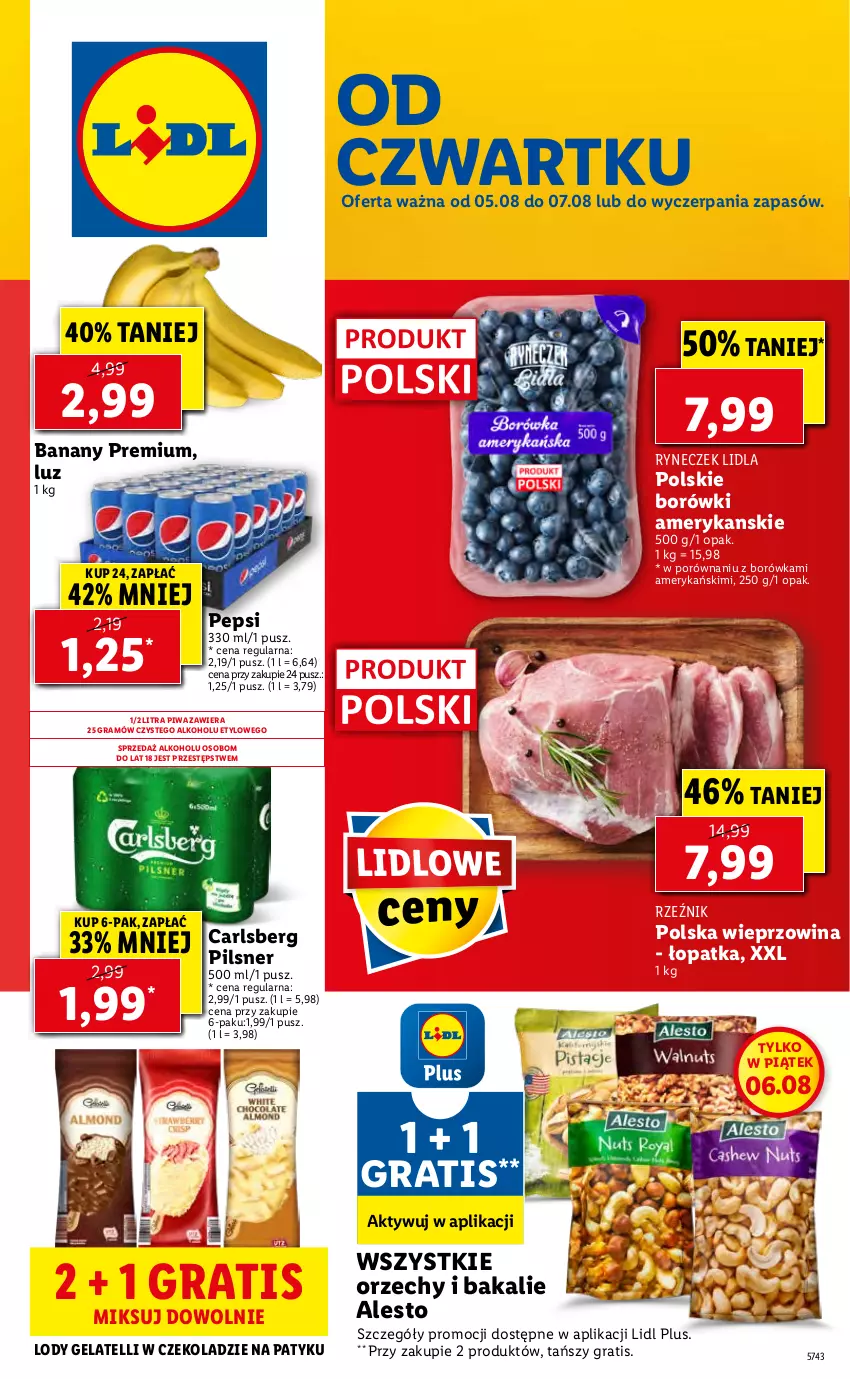 Gazetka promocyjna Lidl - GAZETKA - ważna 05.08 do 07.08.2021 - strona 1 - produkty: Banany, Borówka, Carlsberg, Gra, Lody, Pepsi, Piwa, Por, Wieprzowina