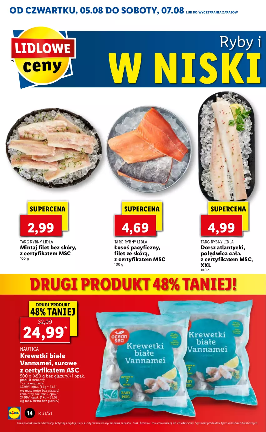 Gazetka promocyjna Lidl - GAZETKA - ważna 05.08 do 07.08.2021 - strona 14 - produkty: Dorsz, Krewetki, Lazur, Mintaj, Polędwica