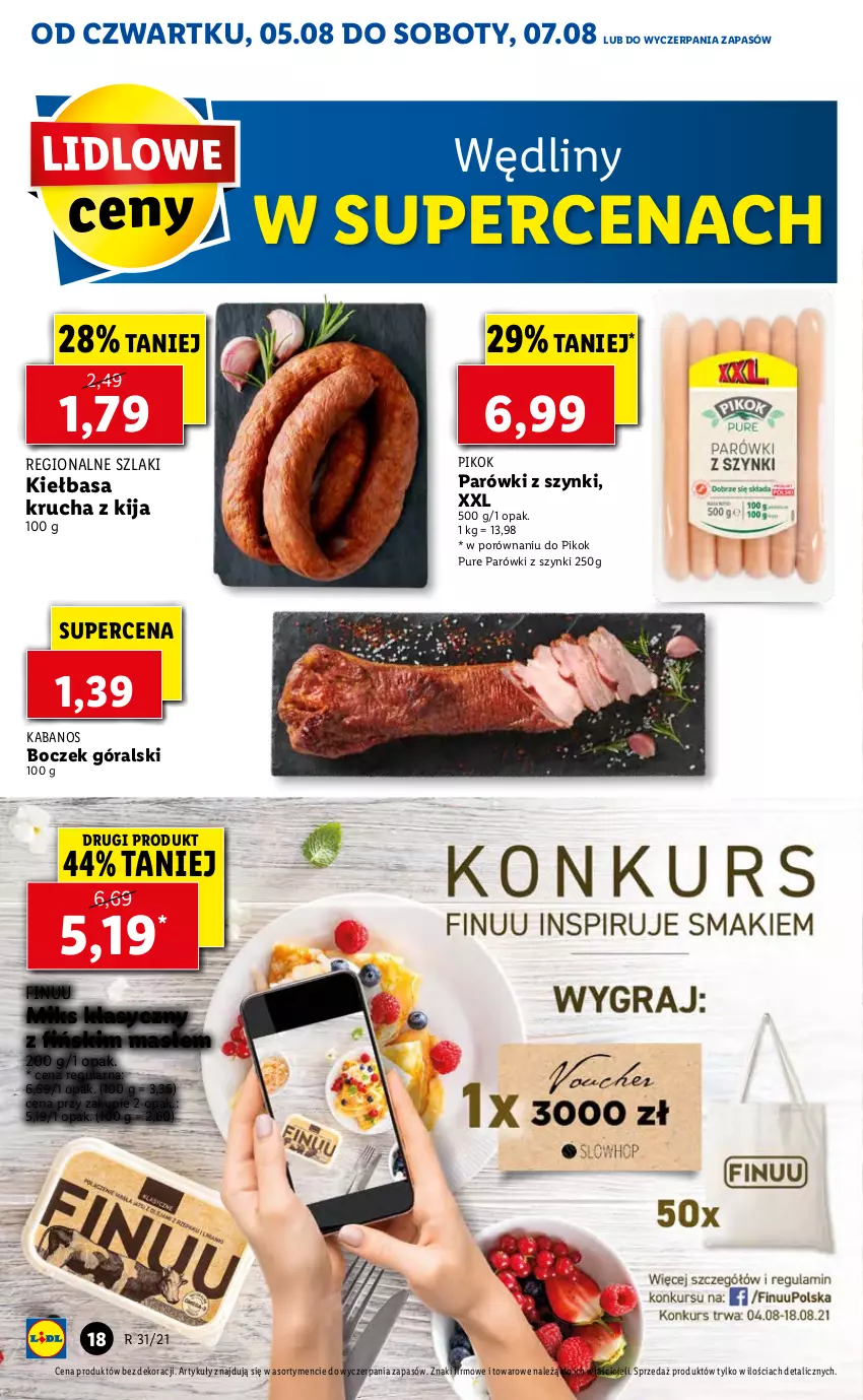 Gazetka promocyjna Lidl - GAZETKA - ważna 05.08 do 07.08.2021 - strona 18 - produkty: Boczek, Finuu, Kabanos, Kiełbasa, Kiełbasa krucha, Parówki, Parówki z szynki, PIKOK, Por, Pur