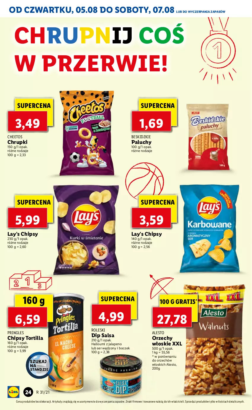 Gazetka promocyjna Lidl - GAZETKA - ważna 05.08 do 07.08.2021 - strona 24 - produkty: Beskidzki, Boczek, Cheetos, Chipsy, Chrupki, Gra, Lay’s, Orzechy włoskie, Por, Pringles, Salsa, Ser, Tortilla