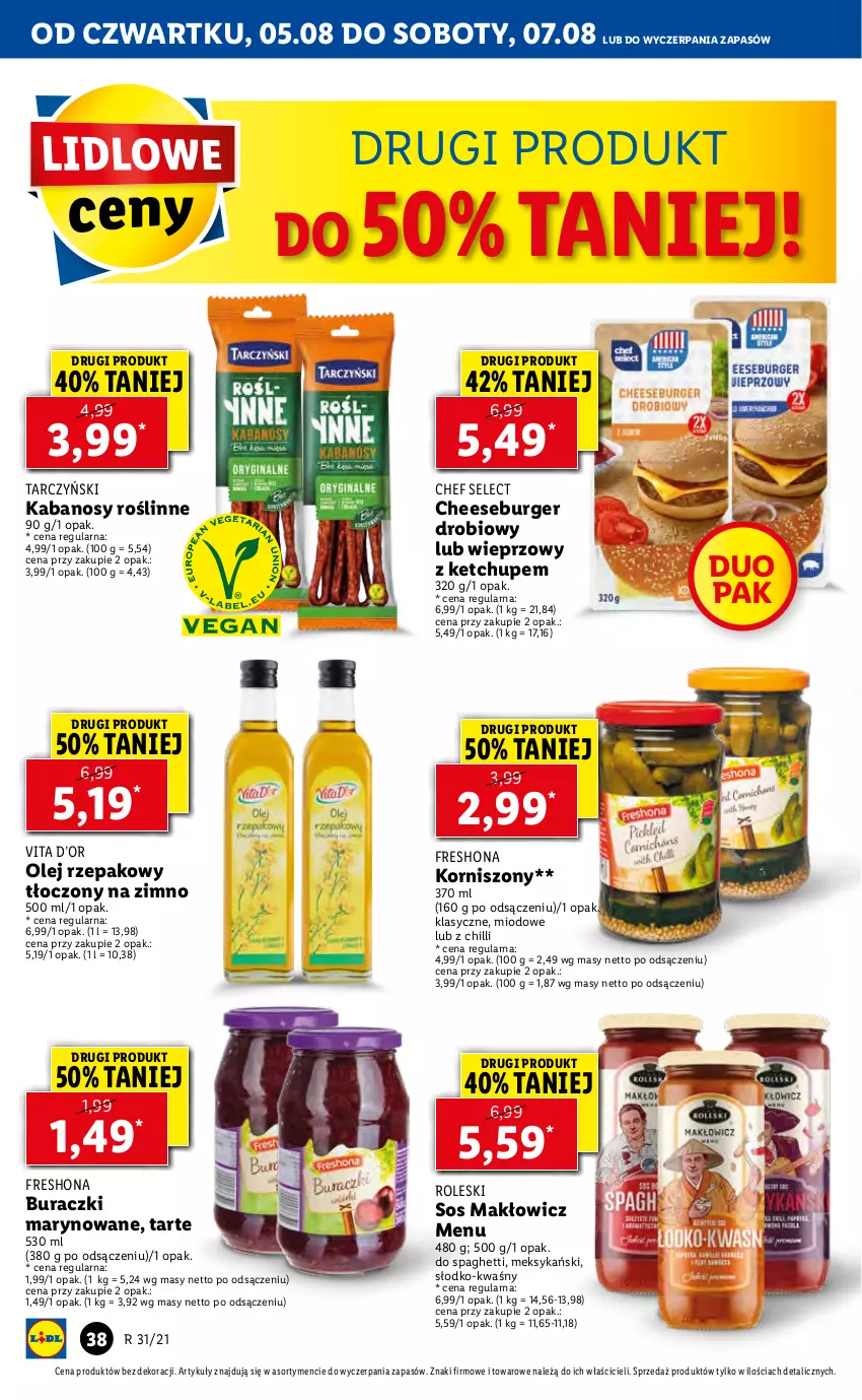 Gazetka promocyjna Lidl - GAZETKA - ważna 05.08 do 07.08.2021 - strona 38 - produkty: Buraczki, Burger, Kabanos, Ketchup, Korniszony, Olej, Olej rzepakowy, Sos, Spaghetti, Tarczyński