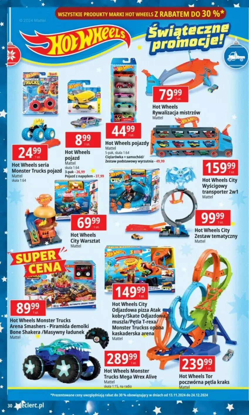 Gazetka promocyjna E Leclerc - ważna 13.11 do 07.12.2024 - strona 24 - produkty: Hot Wheels, Kask, Kaskaderska arena, Mattel, Monster truck, Mus, Pizza, Pojazd, Por, Samochód, Ser, Sport, Tran, Wyrzutnia