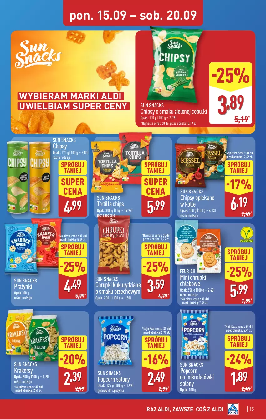 Gazetka promocyjna Aldi - Pełna oferta - ważna 15.09 do 20.09.2025 - strona 15 - produkty: Chipsy, Chleb, Chrupki, Chrupki chlebowe, Fa, Krakersy, Popcorn, Tortilla, Tortilla Chips