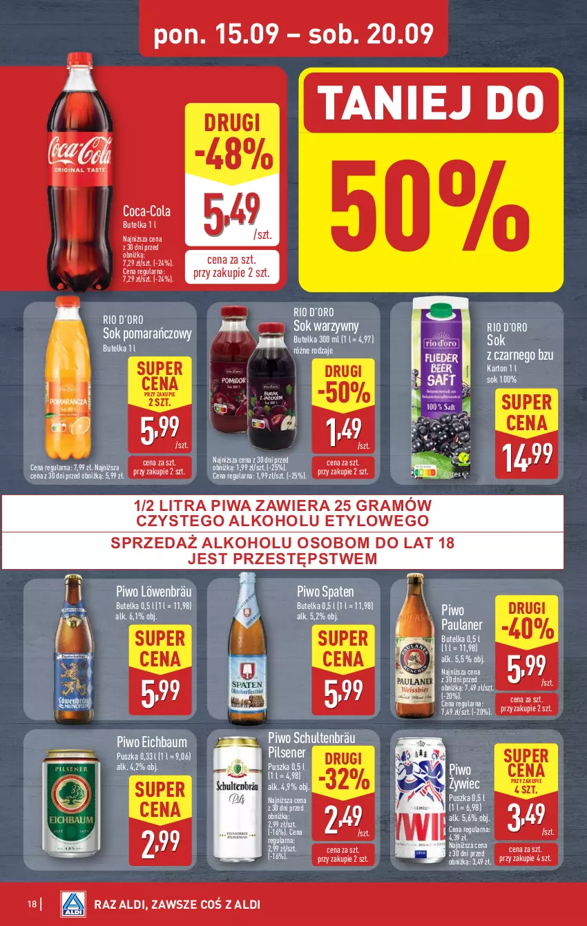 Gazetka promocyjna Aldi - Pełna oferta - ważna 15.09 do 20.09.2025 - strona 18 - produkty: Coca-Cola, Gra, Piwa, Piwo, Sok, Sok pomarańczowy, Sok z czarnego bzu