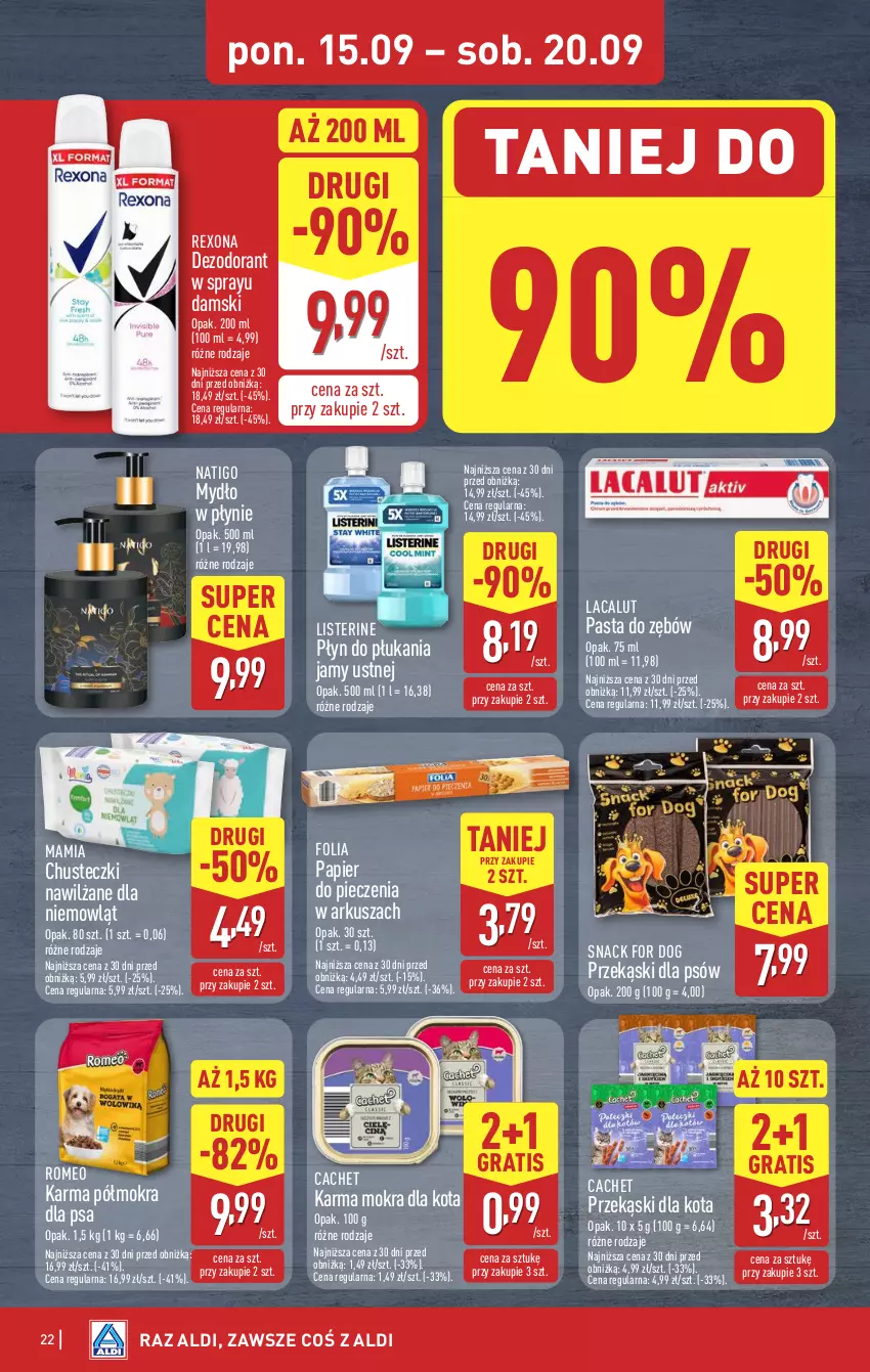 Gazetka promocyjna Aldi - Pełna oferta - ważna 15.09 do 20.09.2025 - strona 22 - produkty: Chusteczki, Dezodorant, Gra, Lacalut, Listerine, Mydło, Mydło w płynie, Papier, Papier do pieczenia, Pasta do zębów, Piec, Płyn do płukania, Płyn do płukania jamy ustnej, Przekąski dla kota, Rexona