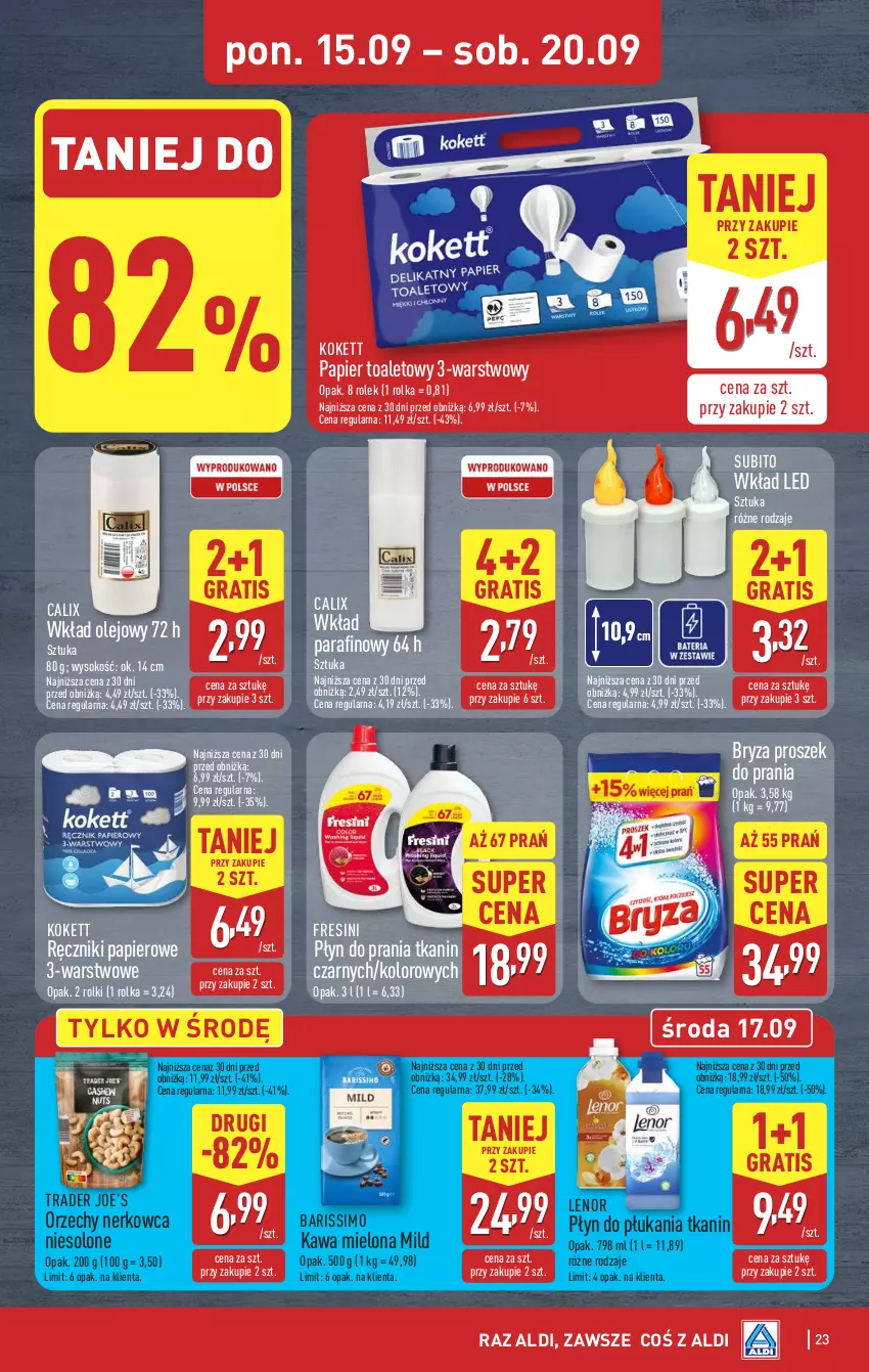 Gazetka promocyjna Aldi - Pełna oferta - ważna 15.09 do 20.09.2025 - strona 23 - produkty: Bryza, Gra, Kawa, Kawa mielona, Lenor, Olej, Papier, Papier toaletowy, Płyn do płukania, Płyn do prania, Proszek do prania, Ręcznik, Ręczniki papierowe, Rolki, Sok, Wkład olejowy
