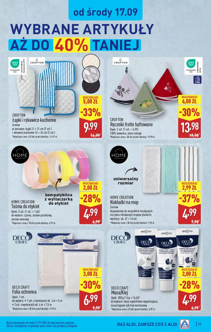 Gazetka promocyjna Aldi - Pełna oferta - ważna 15.09 do 20.09.2025 - strona 27 - produkty: Klej, Masa szpachlowa, Mop, Ręcznik, Rękawice, Wełna