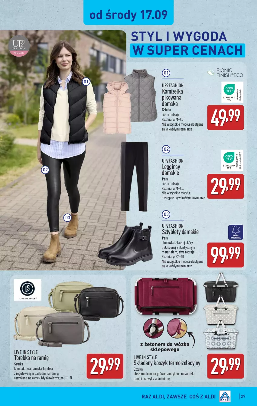 Gazetka promocyjna Aldi - Pełna oferta - ważna 15.09 do 20.09.2025 - strona 29 - produkty: Fa, Gin, Kamizelka, Kosz, Legginsy, Rama, Sztyblety, Torebka
