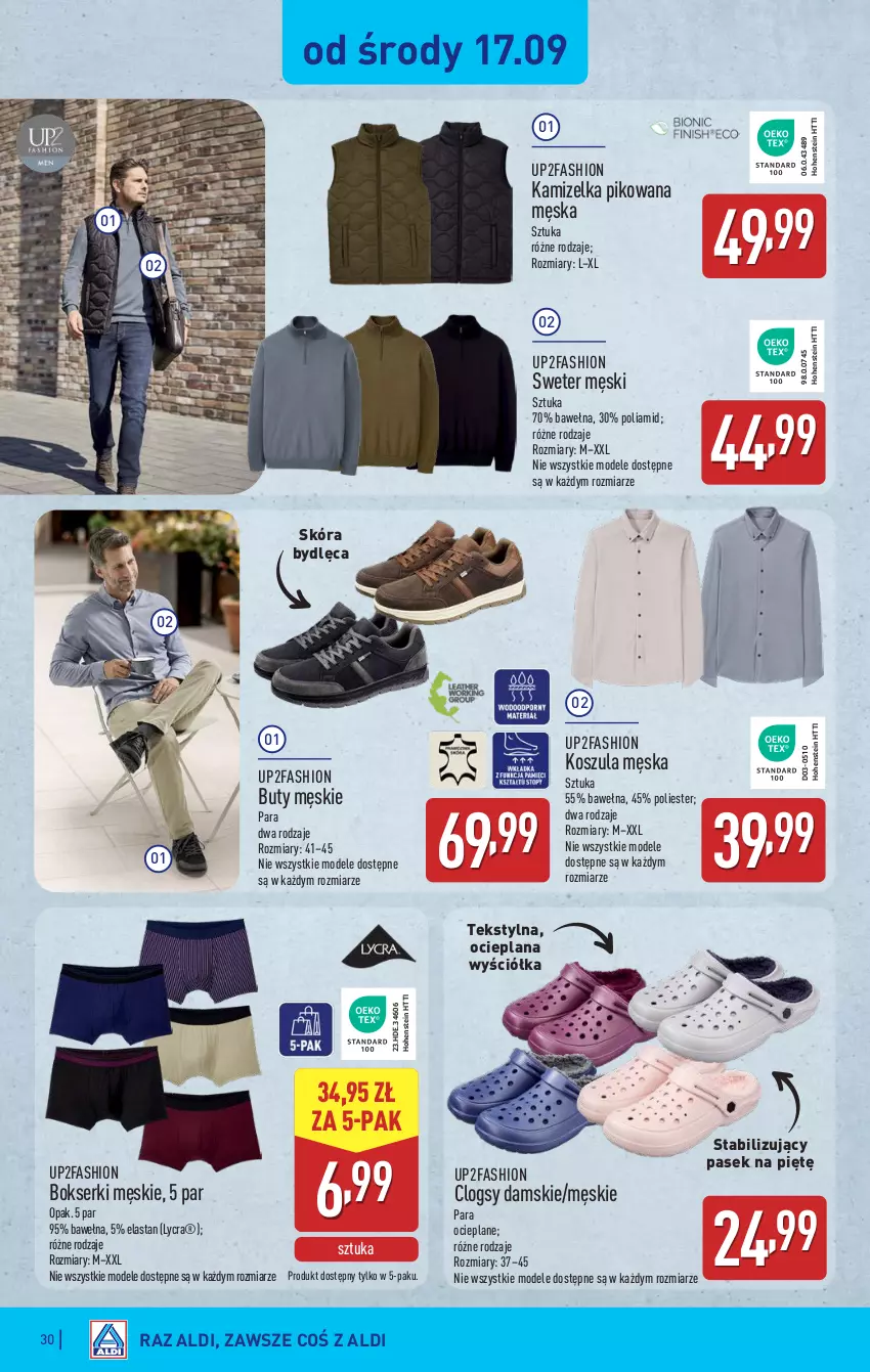 Gazetka promocyjna Aldi - Pełna oferta - ważna 15.09 do 20.09.2025 - strona 30 - produkty: Bokserki, Buty, Clogsy, Fa, Kamizelka, Kosz, Koszula, LANA, Pasek, Ser, Sweter, Wełna