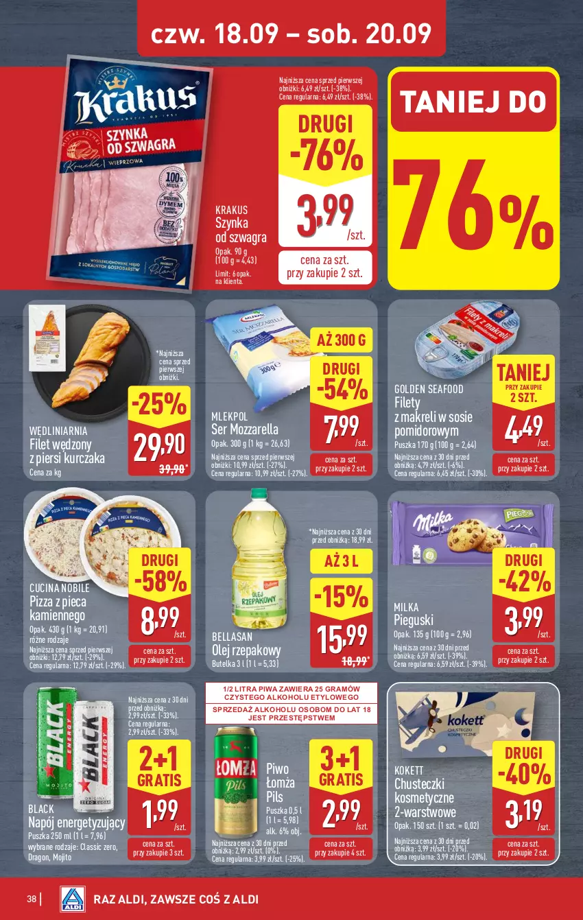 Gazetka promocyjna Aldi - Pełna oferta - ważna 15.09 do 20.09.2025 - strona 38 - produkty: Bell, Bella, Chusteczki, Chusteczki kosmetyczne, Golden Seafood, Gra, Krakus, Kurczak, Lack, Milka, Mozzarella, Napój, Olej, Olej rzepakowy, Piec, Piwa, Piwo, Pizza, Pizza z pieca kamiennego, Ser, Sos, Szynka