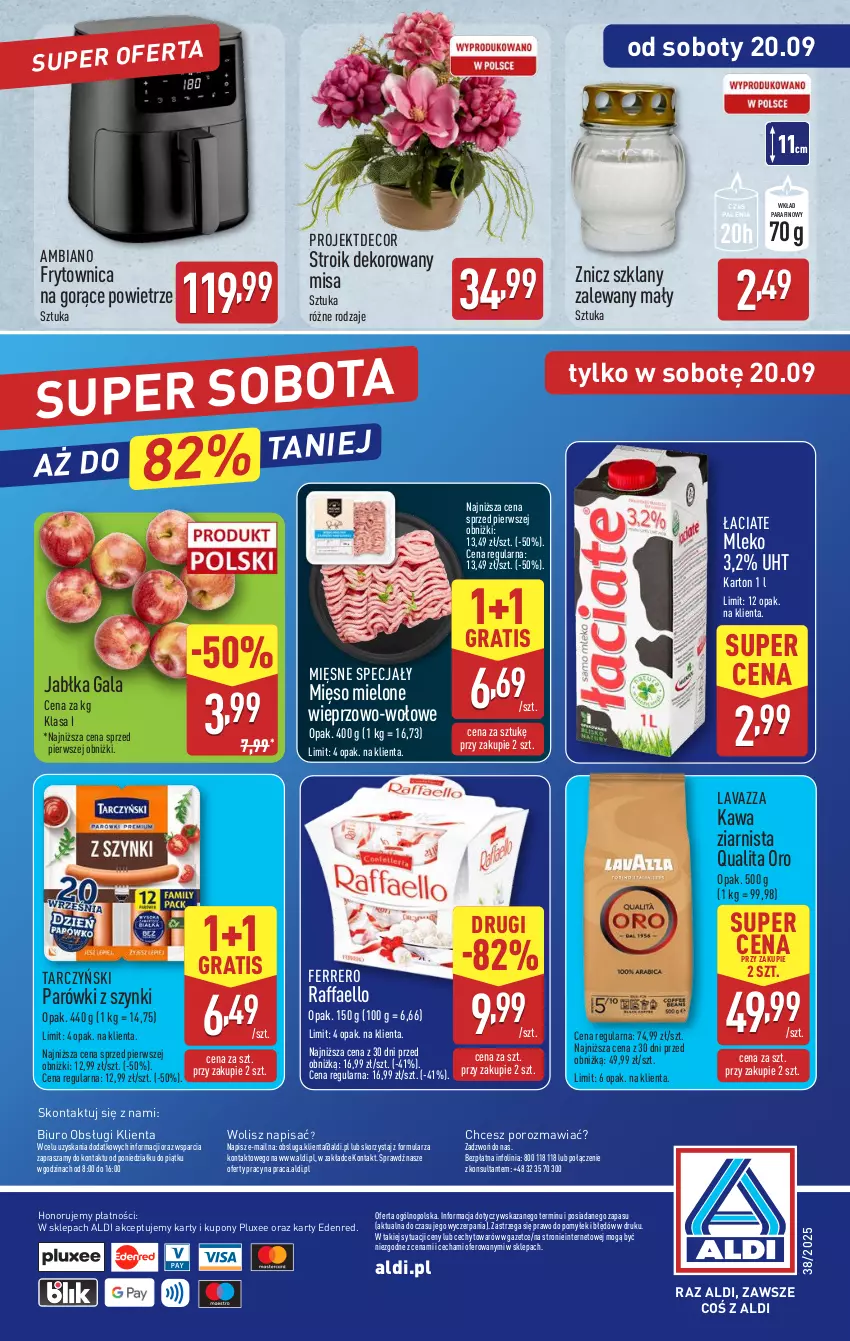 Gazetka promocyjna Aldi - Pełna oferta - ważna 15.09 do 20.09.2025 - strona 46 - produkty: Biuro, Fa, Ferrero, Gala, Gra, Jabłka, Kawa, Kawa ziarnista, Lavazza, Mięsne specjały, Mięso, Mięso mielone, Mleko, O nas, Parówki, Parówki z szynki, Por, Raffaello, Tarczyński, Znicz