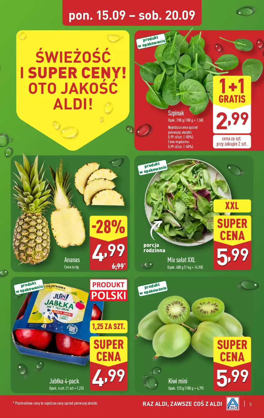 Gazetka promocyjna Aldi - Pełna oferta - ważna 15.09 do 20.09.2025 - strona 5 - produkty: Ananas, Gra, Jabłka, Kiwi, Por, Sałat, Szpinak