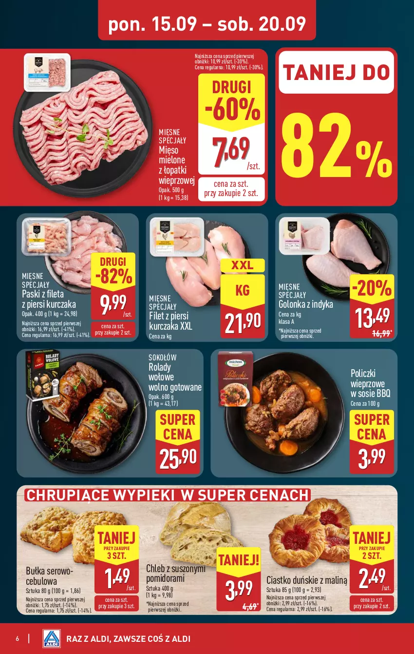 Gazetka promocyjna Aldi - Pełna oferta - ważna 15.09 do 20.09.2025 - strona 6 - produkty: Bułka, Chleb, Filet z piersi kurczaka, Golonka z indyka, Kurczak, Mięsne specjały, Mięso, Mięso mielone, Mięso mielone z łopatki wieprzowej, Owoce, Ser, Sok, Sokołów, Sos