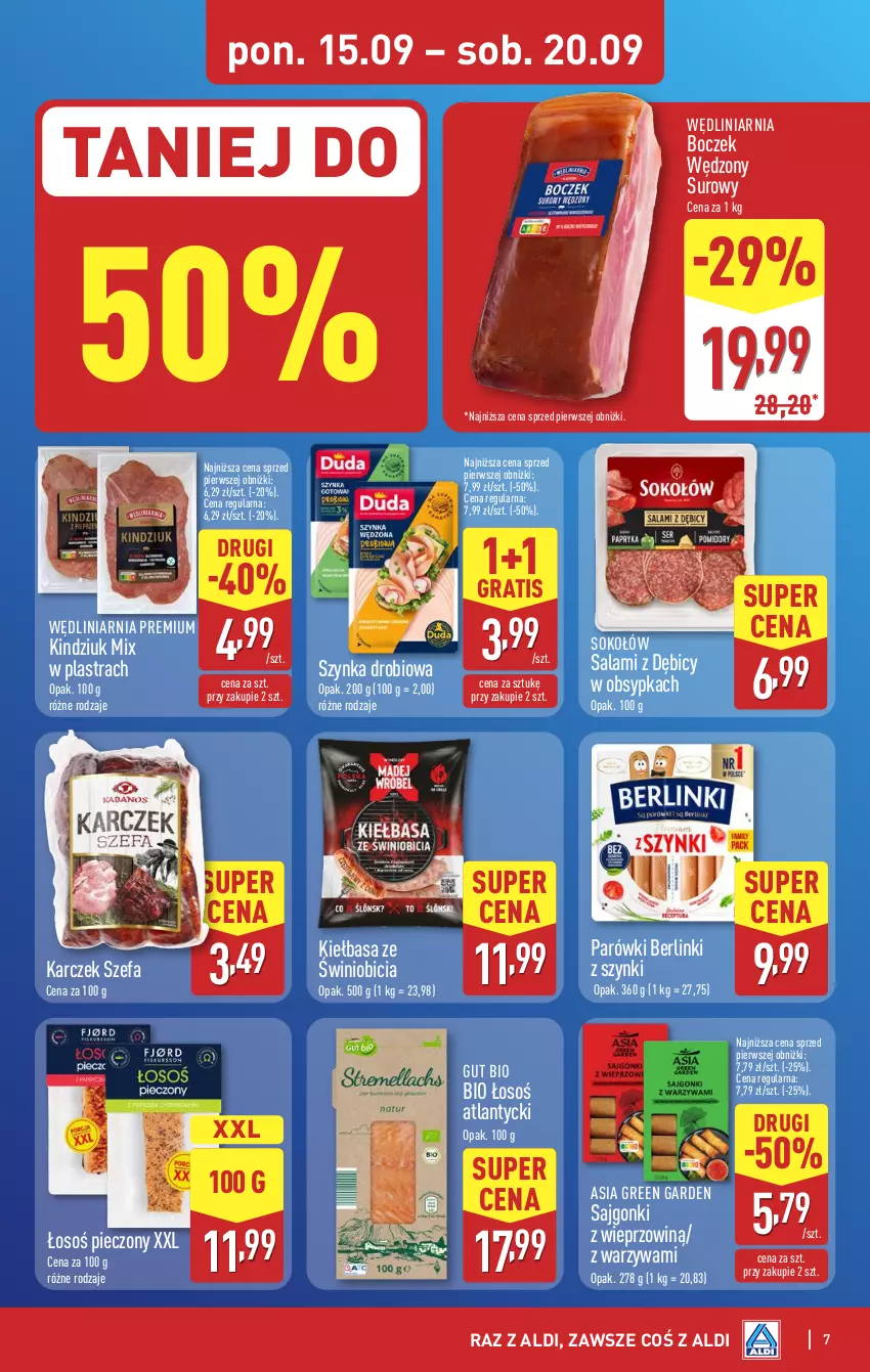 Gazetka promocyjna Aldi - Pełna oferta - ważna 15.09 do 20.09.2025 - strona 7 - produkty: Berlinki, BIC, Boczek, Fa, Gra, Kiełbasa, Kindziuk, Parówki, Piec, Sajgonki, Salami, Sok, Sokołów, Szynka, Warzywa