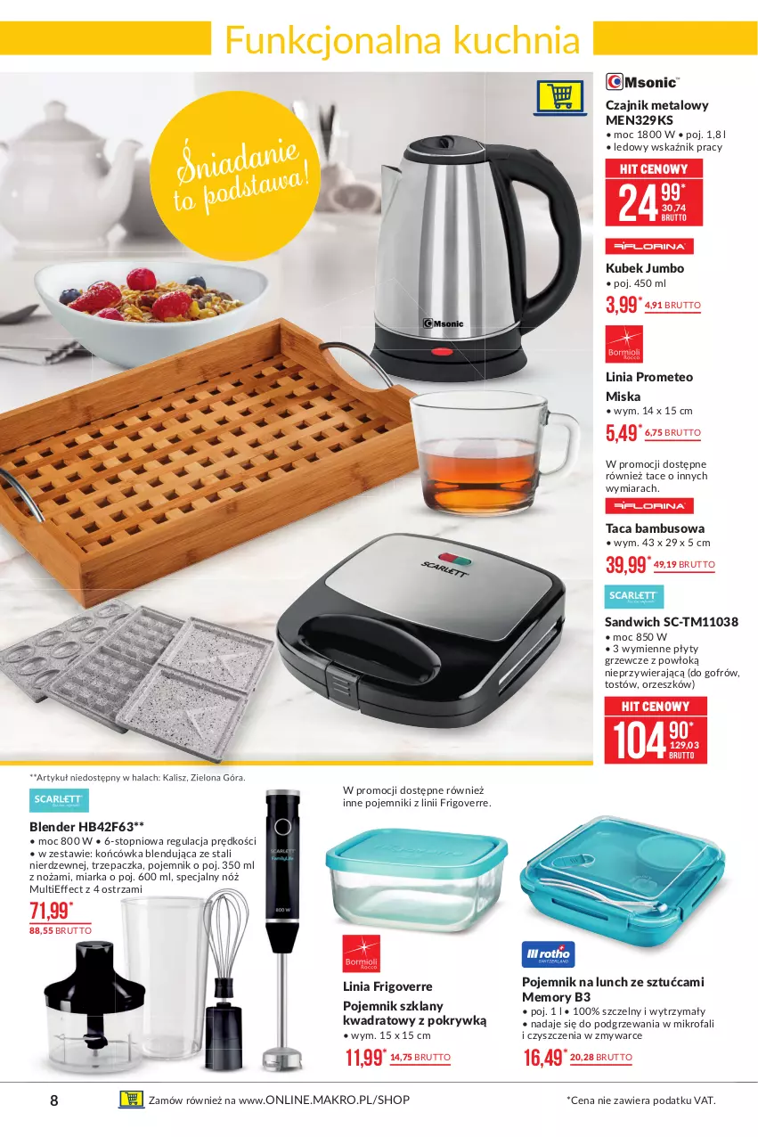 Gazetka promocyjna Makro - [Oferta promocyjna] Artykuły przemysłowe - ważna 06.04 do 19.04.2021 - strona 8 - produkty: Blender, Czajnik, Fa, Kubek, Kuchnia, Miarka, Miska, Noż, Pojemnik, Pojemnik na lunch, Pojemnik szklany, Taca, Top, Trzepaczka