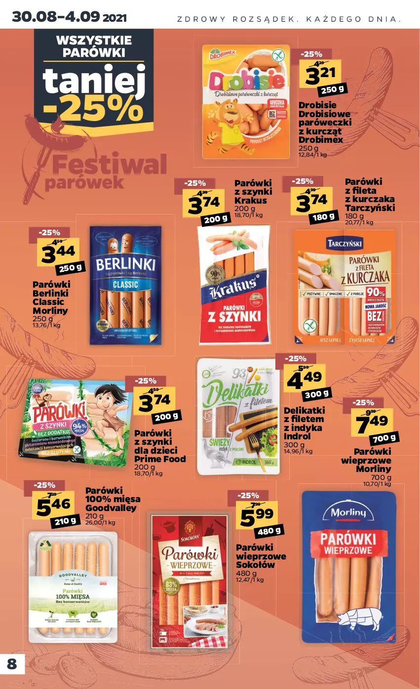 Gazetka promocyjna Netto - Gazetka spożywcza - ważna 30.08 do 04.09.2021 - strona 8 - produkty: Berlinki, Drobimex, Dzieci, Krakus, Kurczak, Morliny, Parówki, Parówki z szynki, Sok, Sokołów, Tarczyński