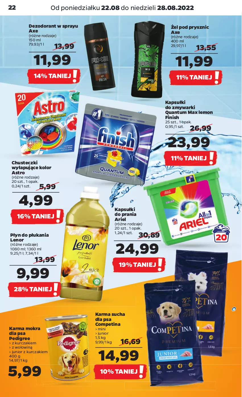 Gazetka promocyjna Netto - Artykuły spożywcze - ważna 22.08 do 28.08.2022 - strona 22 - produkty: Ariel, Chusteczki, Dezodorant, Finish, Kapsułki do prania, Kurczak, Lenor, Pedigree, Płyn do płukania, Zmywarki