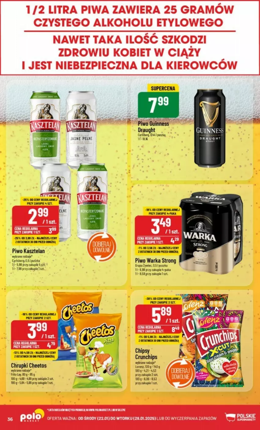 Gazetka promocyjna PoloMarket - ważna 22.01 do 28.01.2025 - strona 30 - produkty: Carlsberg, Cheetos, Chipsy, Chrupki, Crunchips, Fa, Kasztelan, Mus, Piwo, Warka