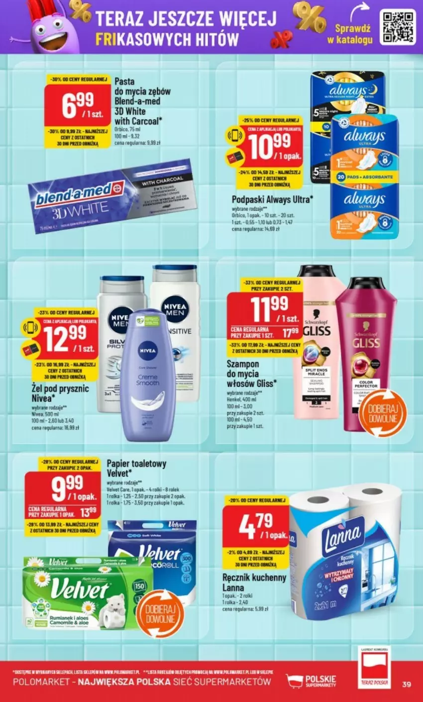 Gazetka promocyjna PoloMarket - ważna 22.01 do 28.01.2025 - strona 33 - produkty: Always, Always Ultra, BIC, Blend-a-Med, Fa, Nivea, Podpaski, Ręcznik, Ręcznik kuchenny, Rolki, Szampon, Tera, Velvet