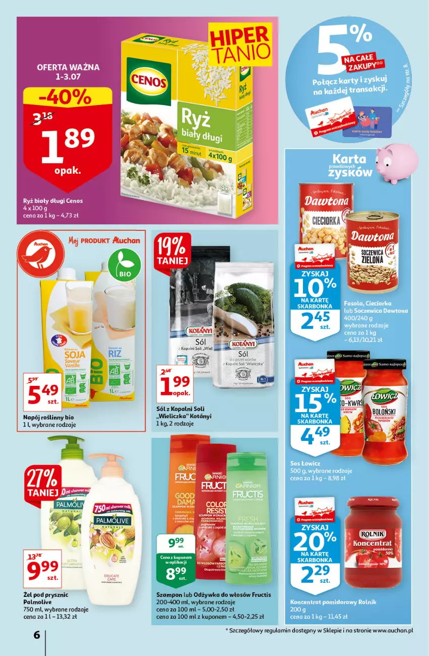 Gazetka promocyjna Auchan - Sezon na lato Supermarkety - ważna 01.07 do 07.07.2021 - strona 6 - produkty: Cenos, Dawtona, Fructis, Napój, Napój roślinny, Odżywka, Palmolive, Ryż, Ryż biały, Sól, Szampon