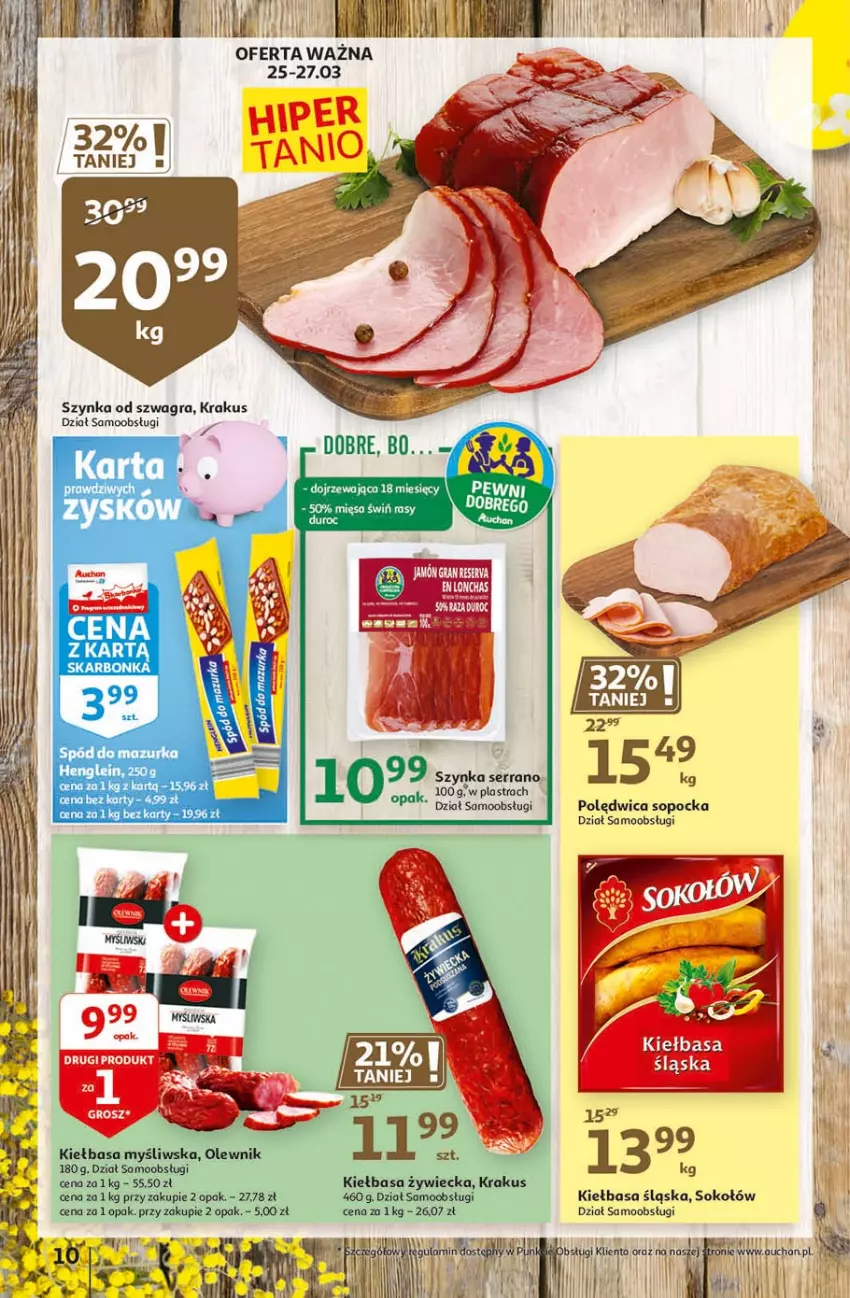 Gazetka promocyjna Auchan - Święta tuż tuż Hipermarkety - ważna 25.03 do 03.04.2021 - strona 10 - produkty: Gra, Kiełbasa, Kiełbasa śląska, Krakus, Olewnik, Polędwica, Ser, Sok, Sokołów, Szynka