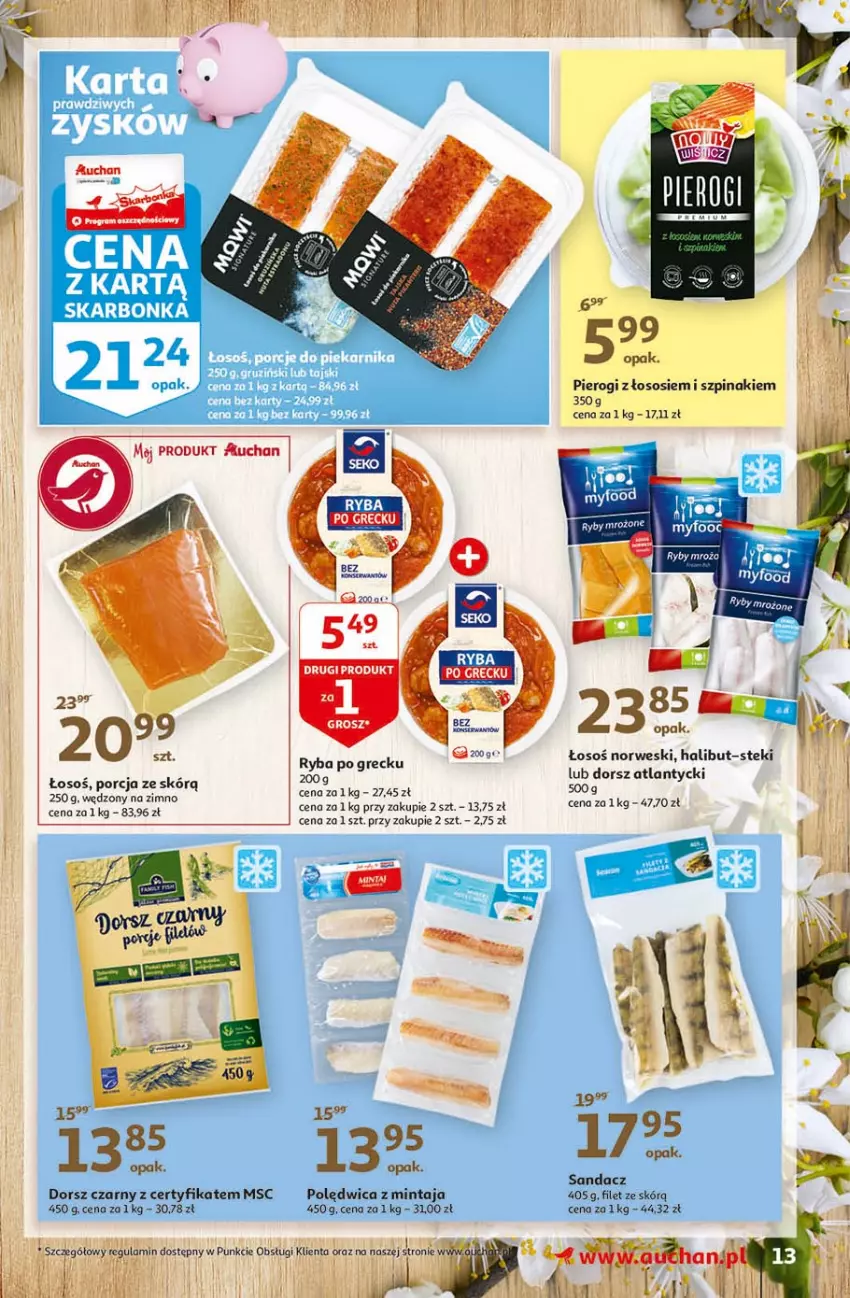 Gazetka promocyjna Auchan - Święta tuż tuż Hipermarkety - ważna 25.03 do 03.04.2021 - strona 13 - produkty: Dorsz, Halibut, Mintaj, Pierogi, Por, Ryba, Ryba po grecku, Sandacz, Sos, Stek, Szpinak