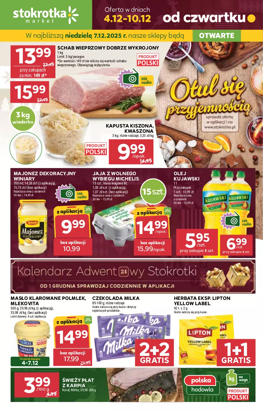 Gazetka promocyjna Stokrotka - Market - ważna 04.12 do 10.12.2025 - strona 1 - produkty: Czekolada, Gra, Herbata, Jaja, Jaja z wolnego wybiegu, JBL, Karp, Kujawski, Lipton, Majonez, Masło, Masło klarowane, Milka, Mleko, Mlekovita, Olej, POLMLEK, Schab wieprzowy, Winiary