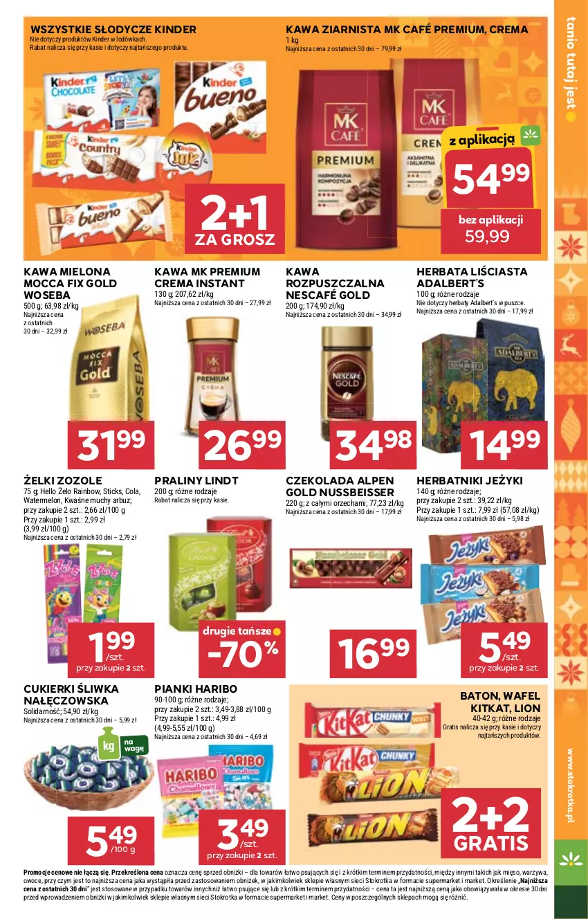 Gazetka promocyjna Stokrotka - Market - ważna 04.12 do 10.12.2025 - strona 23 - produkty: Arbuz, Baton, Cukier, Cukierki, Czekolada, Gra, Haribo, Herbata, Herbatniki, Jeżyki, Kawa, Kawa mielona, Kawa rozpuszczalna, Kawa ziarnista, Kinder, Lindt, Lion, Lodówka, Melon, Mięso, Mocca Fix Gold, Nescafé, Owoce, Praliny, Ser, Warzywa, Woseba