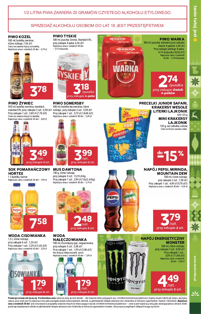 Gazetka promocyjna Stokrotka - Market - ważna 04.12 do 10.12.2025 - strona 25 - produkty: Cisowianka, Dawtona, Fa, Gra, Hortex, Kozel, Krakersy, Lajkonik, Mięso, Mirinda, Mus, Nałęczowianka, Napój, Napój energetyczny, Owoce, Pepsi, Piwa, Piwo, Precelki, Ser, Sok, Sok pomarańczowy, Somersby, Tyskie, Warka, Warzywa, Woda