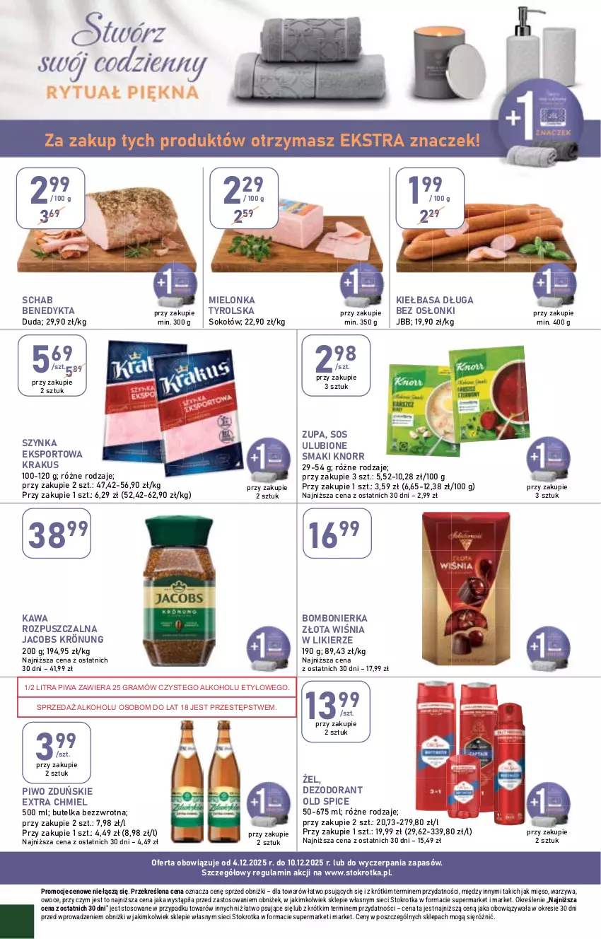 Gazetka promocyjna Stokrotka - Market - ważna 04.12 do 10.12.2025 - strona 26 - produkty: Dezodorant, Duda, Gra, Jacobs, Jacobs Krönung, Kawa, Kawa rozpuszczalna, Kiełbasa, Knorr, Krakus, Likier, Mielonka tyrolska, Mięso, Old Spice, Owoce, Piwa, Piwo, Por, Schab Benedykta, Sok, Sokołów, Sos, Sport, Szynka, Warzywa, Zupa