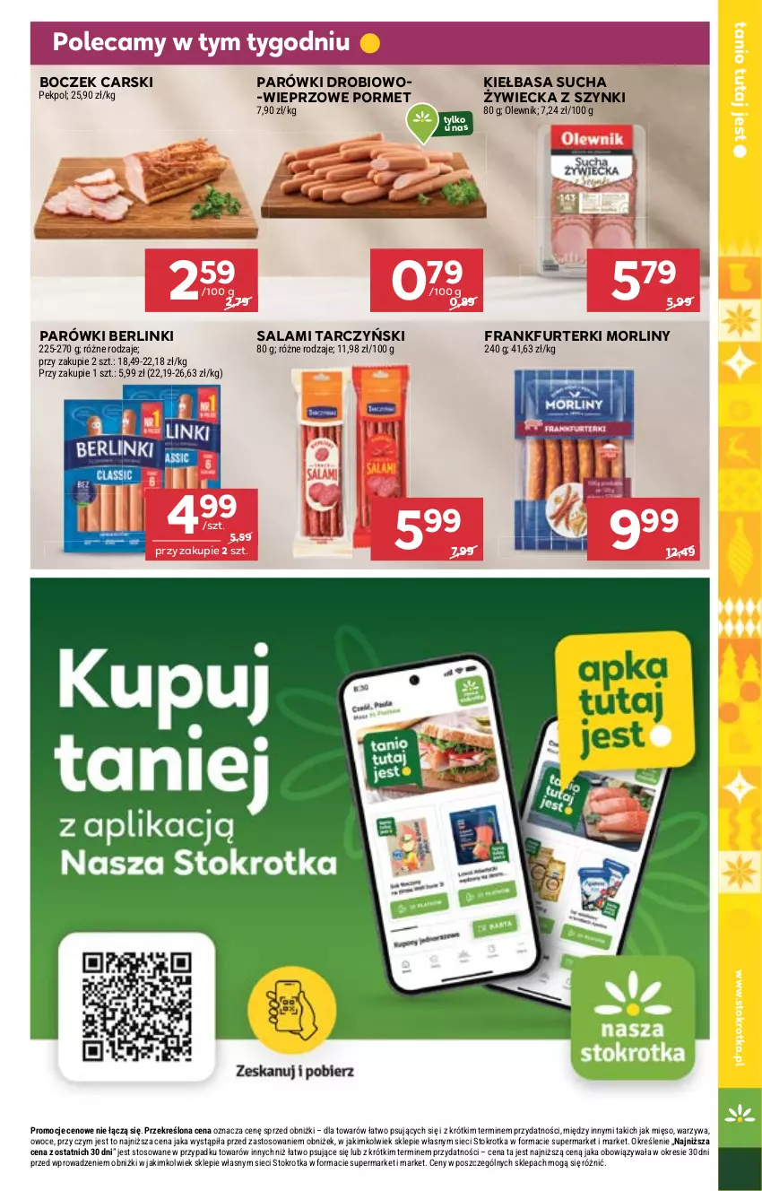 Gazetka promocyjna Stokrotka - Market - ważna 04.12 do 10.12.2025 - strona 7 - produkty: Berlinki, Boczek, Cars, Frankfurterki, Kiełbasa, Mięso, Morliny, Olewnik, Owoce, Parówki, Pekpol, Por, Salami, Tarczyński, Warzywa