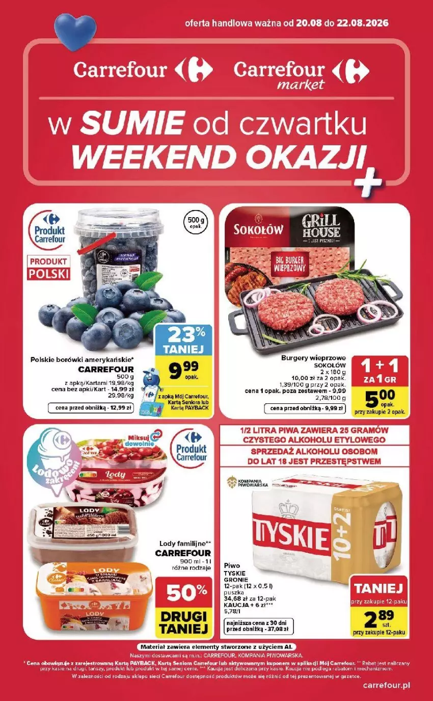 Gazetka promocyjna Carrefour - Gazetka Carrefour, Market w SUMIE od czwartku WEEKEND OKAZJI - ważna 20.08 do 22.08.2026 - strona 1 - produkty: Burger, Fa, Gra, Lody, Piwo, Tyskie