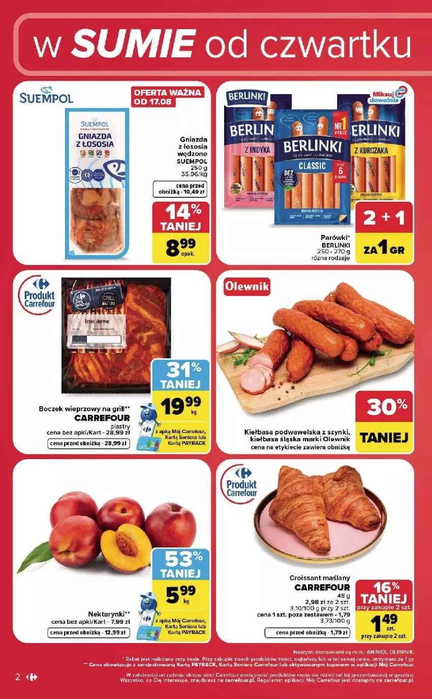 Gazetka promocyjna Carrefour - Gazetka Carrefour, Market w SUMIE od czwartku WEEKEND OKAZJI - ważna 20.08 do 22.08.2026 - strona 2 - produkty: Ba!, Berlinki, Boczek, Boczek wieprzowy, Fa, Grill, HP, Kiełbasa, Kiełbasa podwawelska, Kiełbasa śląska, LG, Nektar, Olewnik, Parka, Parówki, Sos, Suempol, Wawel
