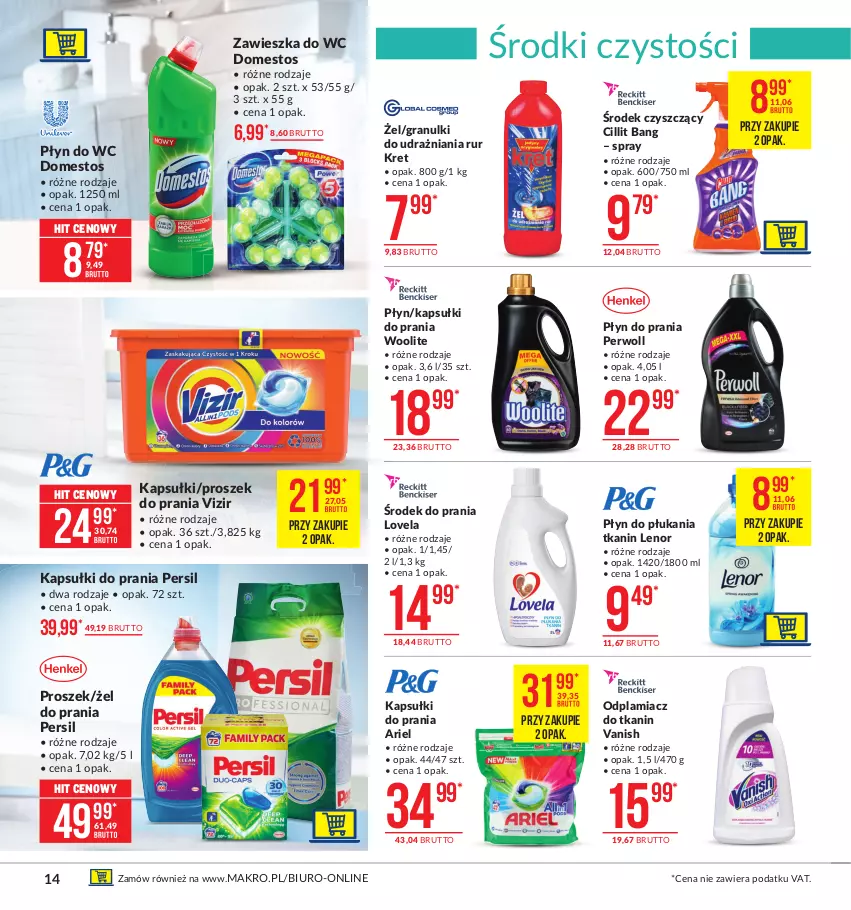 Gazetka promocyjna Makro - [Oferta promocyjna] Artykuły spożywcze - ważna 07.01 do 25.01.2021 - strona 14 - produkty: Ariel, Biuro, Cillit Bang, Domestos, Gra, Kapsułki do prania, Kret, Lenor, Lovela, Odplamiacz, Persil, Perwoll, Płyn do płukania, Płyn do prania, Płyn do wc, Proszek do prania, Vanish, Vizir, Woolite, Zawieszka do wc