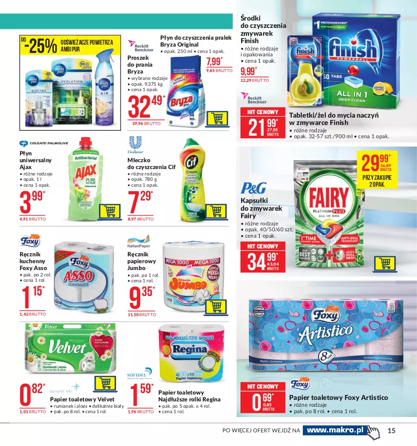 Gazetka promocyjna Makro - [Oferta promocyjna] Artykuły spożywcze - ważna 07.01 do 25.01.2021 - strona 15 - produkty: Ajax, Ambi Pur, Bryza, Cif, Do mycia naczyń, Fa, Fairy, Finish, Foxy, Gin, Mleczko, Papier, Papier toaletowy, Proszek do prania, Pur, Ręcznik, Ręcznik kuchenny, Rolki, Rum, Tablet, Velvet