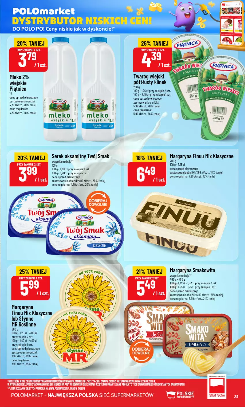 Gazetka promocyjna PoloMarket - Gazetka POLOmarket - ważna 21.10 do 27.10.2026 - strona 31 - produkty: Aksam, Finuu, Gra, Kosz, Margaryna, Mleko, Piątnica, Por, Rama, Ser, Serek, Słynne, Smakowita, Twaróg, Twój Smak