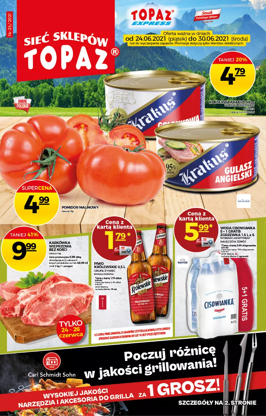 Gazetka promocyjna Topaz - Gazetka - ważna 24.06 do 30.06.2021 - strona 1 - produkty: Cisowianka, Gra, Krakus, Królewski, Ser, Woda