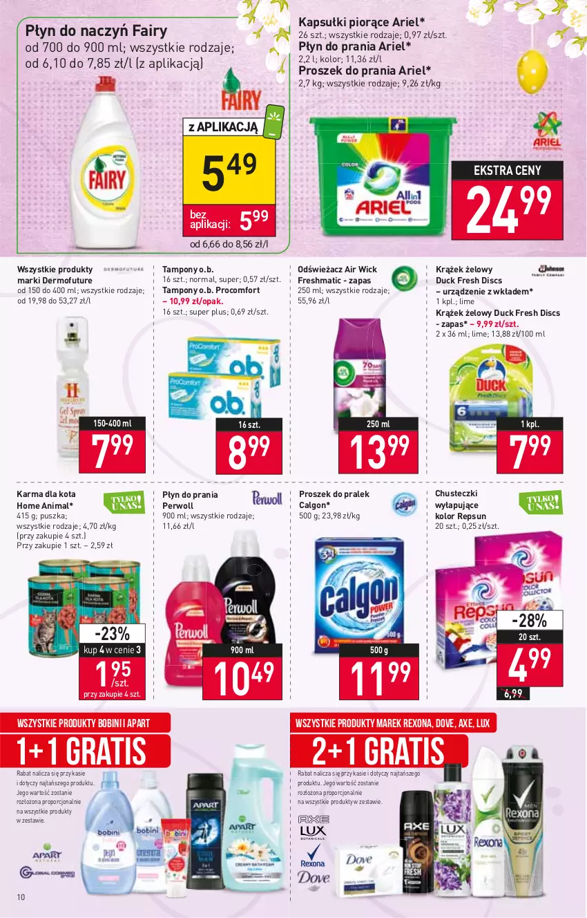 Gazetka promocyjna Stokrotka - Market - ważna 24.03 do 30.03.2022 - strona 10 - produkty: Air Wick, Ariel, Calgon, Chusteczki, Dermofuture, Dove, Duck, Fa, Fairy, Gra, LG, O.B., Perwoll, Płyn do prania, Por, Proszek do prania, Rexona, Tampony