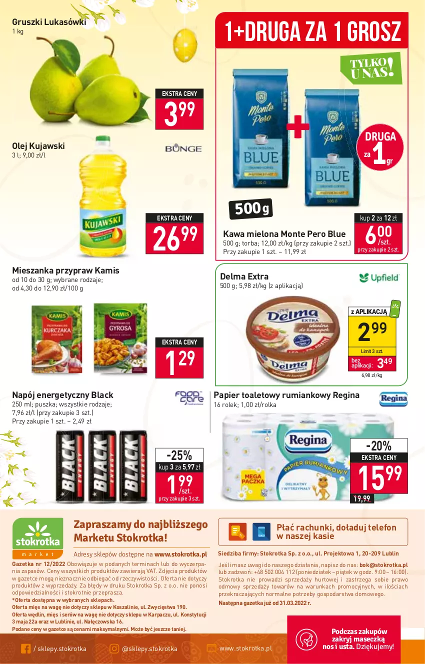 Gazetka promocyjna Stokrotka - Market - ważna 24.03 do 30.03.2022 - strona 12 - produkty: Delma, Gin, Gruszki, Kamis, Karp, Kawa, Kawa mielona, Kosz, Kujawski, Lack, Monte, Napój, Napój energetyczny, O nas, Olej, Papier, Papier toaletowy, Rum, Ser, Szal, Telefon, Torba, Wagi