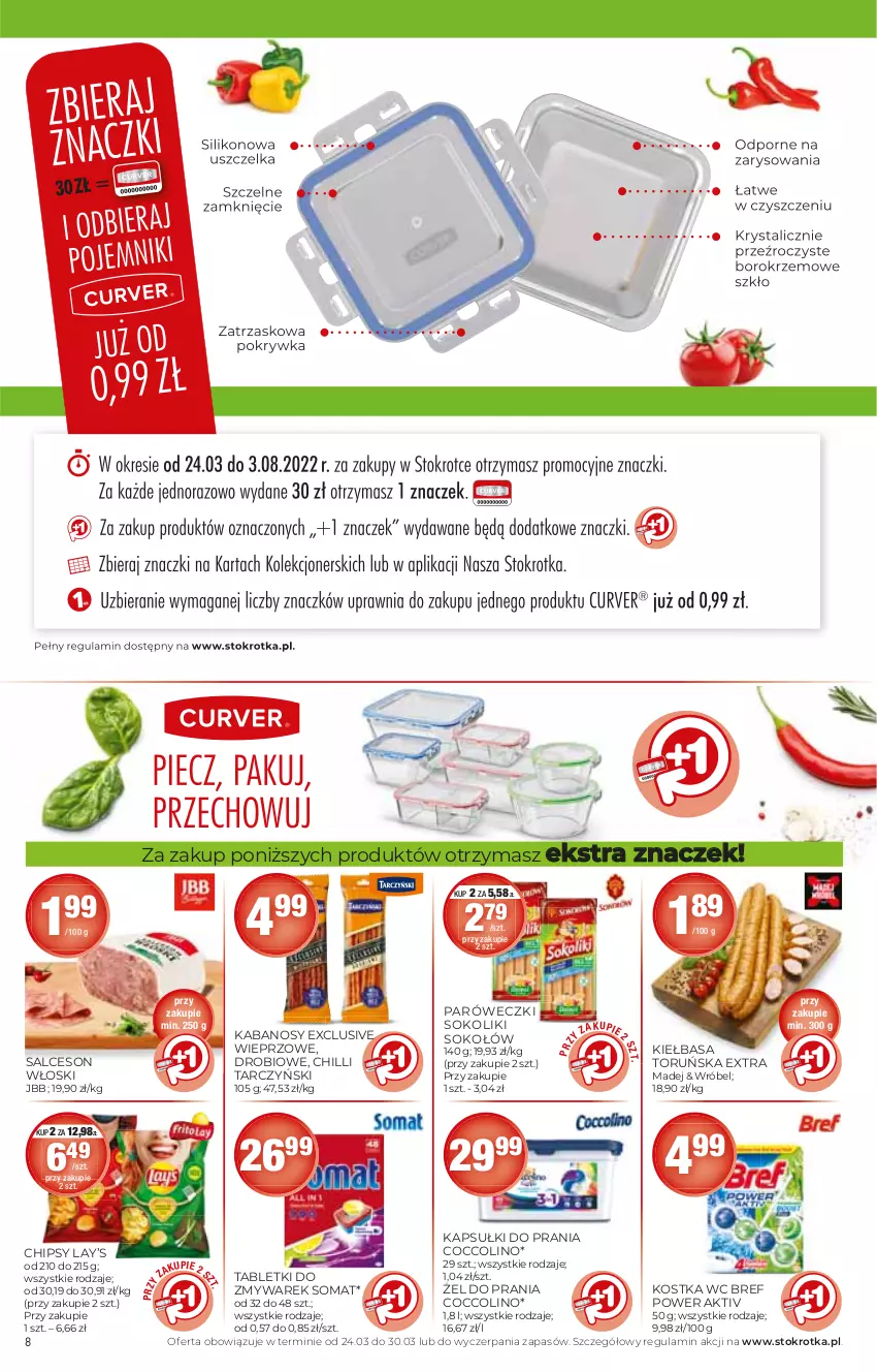 Gazetka promocyjna Stokrotka - Market - ważna 24.03 do 30.03.2022 - strona 8 - produkty: Bref, Chipsy, Coccolino, Kabanos, Kapsułki do prania, Kiełbasa, Lay’s, Salceson, Sok, Sokołów, Somat, Tablet, Tarczyński