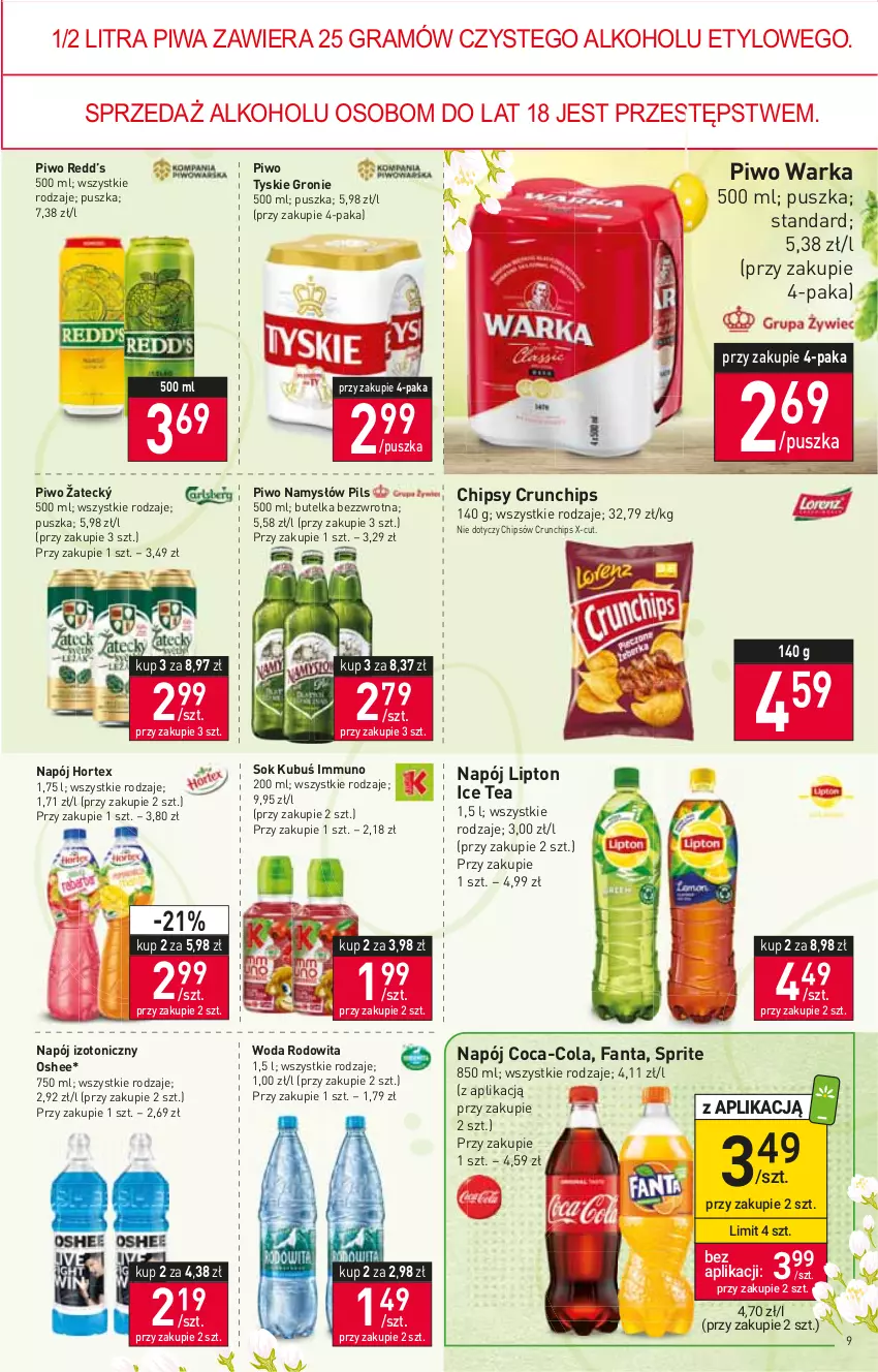 Gazetka promocyjna Stokrotka - Market - ważna 24.03 do 30.03.2022 - strona 9 - produkty: Chipsy, Coca-Cola, Crunchips, Fa, Fanta, Gra, Hortex, Ice tea, Kubuś, Lipton, Namysłów, Napój, Napój izotoniczny, Oshee, Piwa, Piwo, Sok, Sprite, Tyskie, Warka, Woda