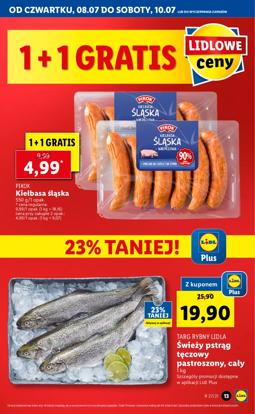 Gazetka promocyjna Lidl - GAZETKA - ważna 08.07 do 10.07.2021 - strona 13 - produkty: Gra, Kiełbasa, Kiełbasa śląska, PIKOK, Pstrąg, Pstrąg tęczowy